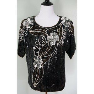 Vintage JOSEPH LE BON Silk Sequin Floral Top